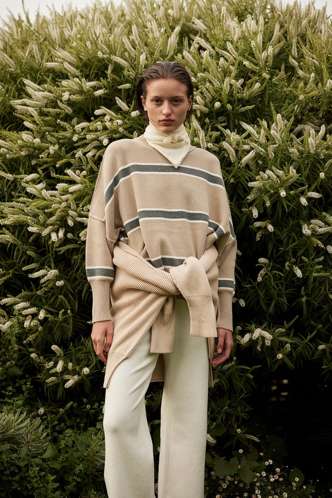 Harper Stripe Sweater | Taupe, Cream & Dark Grey Marle