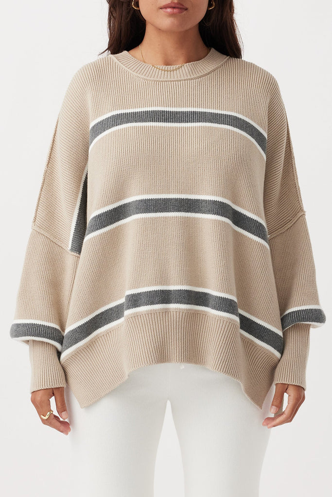 Harper Stripe Sweater | Taupe, Cream & Dark Grey Marle