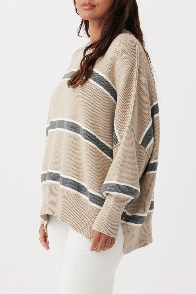 Harper Stripe Sweater | Taupe, Cream & Dark Grey Marle