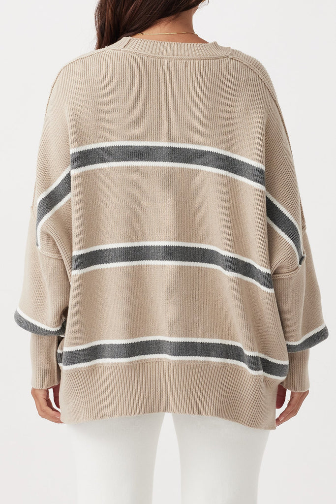 Harper Stripe Sweater | Taupe, Cream & Dark Grey Marle