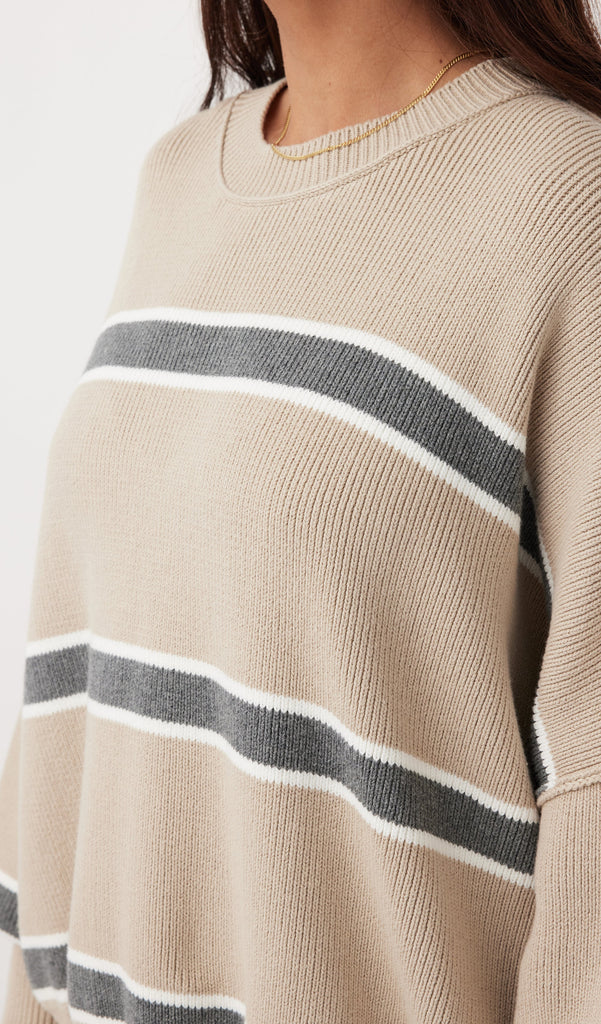 Harper Stripe Sweater | Taupe, Cream & Dark Grey Marle