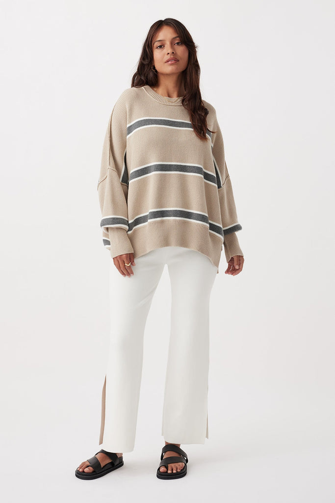 Harper Stripe Sweater | Taupe, Cream & Dark Grey Marle