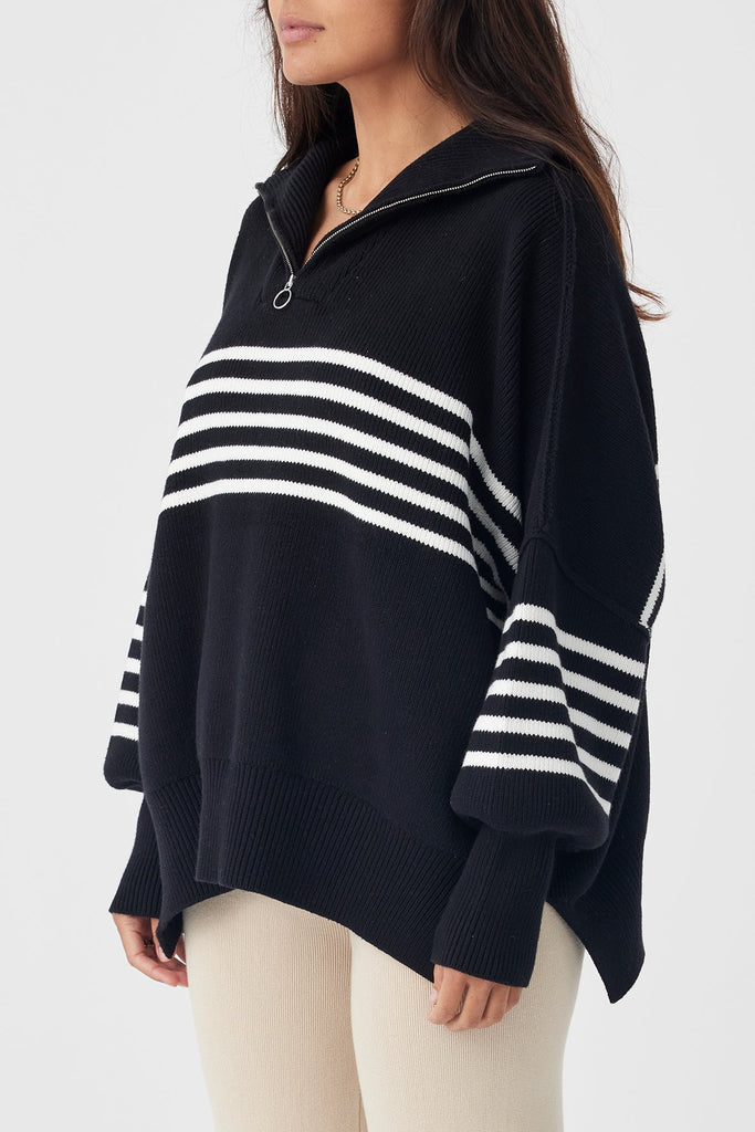 London Zip Stripe Sweater | Black & Cream