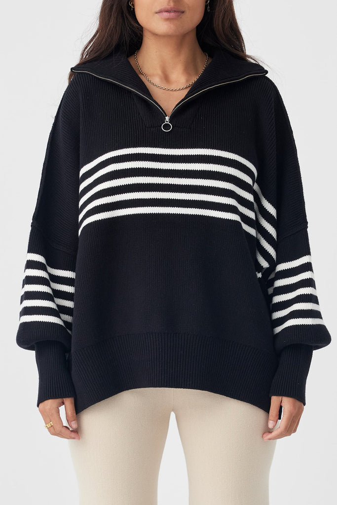 London Zip Stripe Sweater | Black & Cream