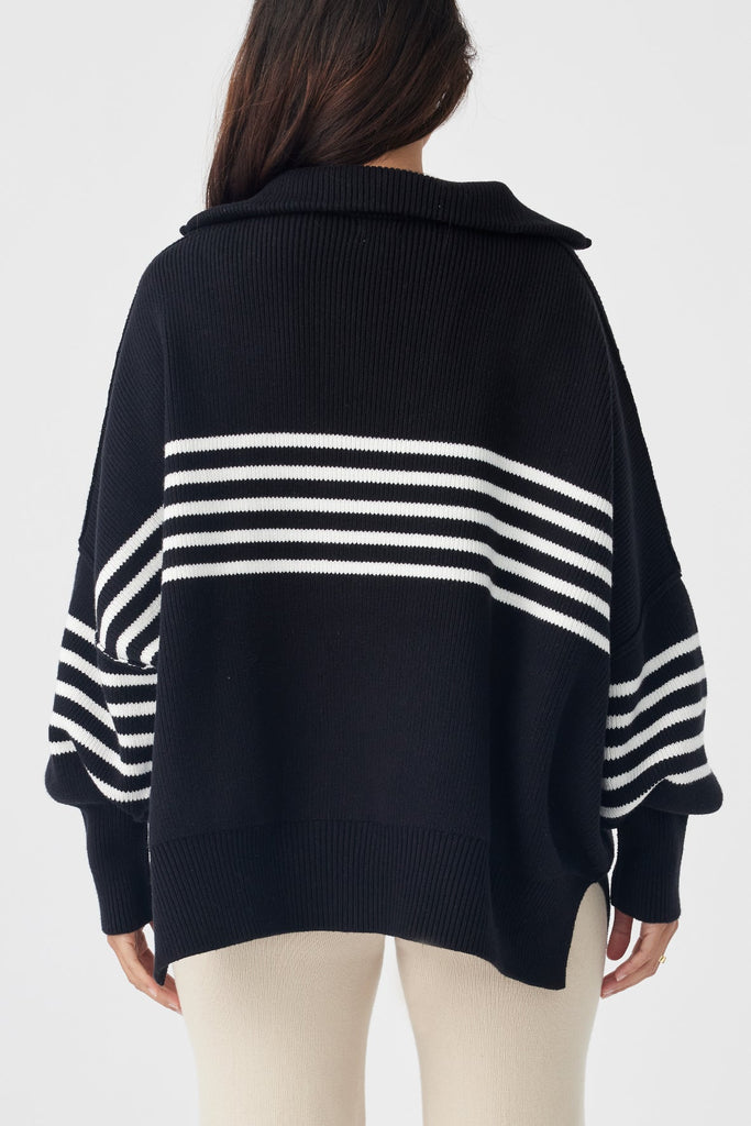 London Zip Stripe Sweater | Black & Cream