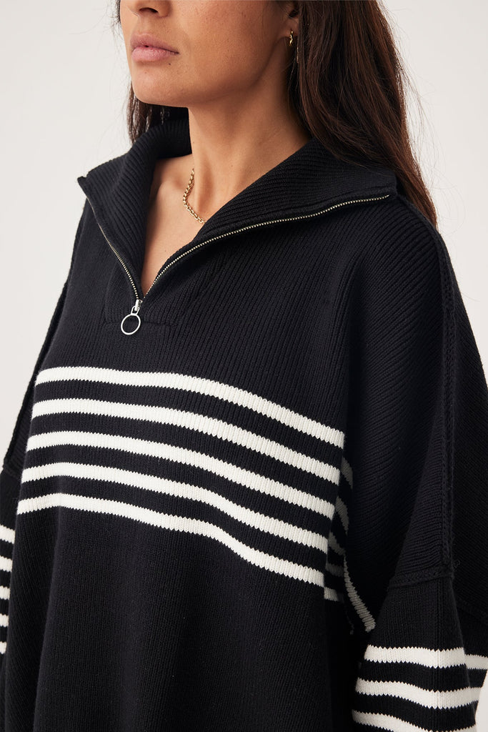 London Zip Stripe Sweater | Black & Cream