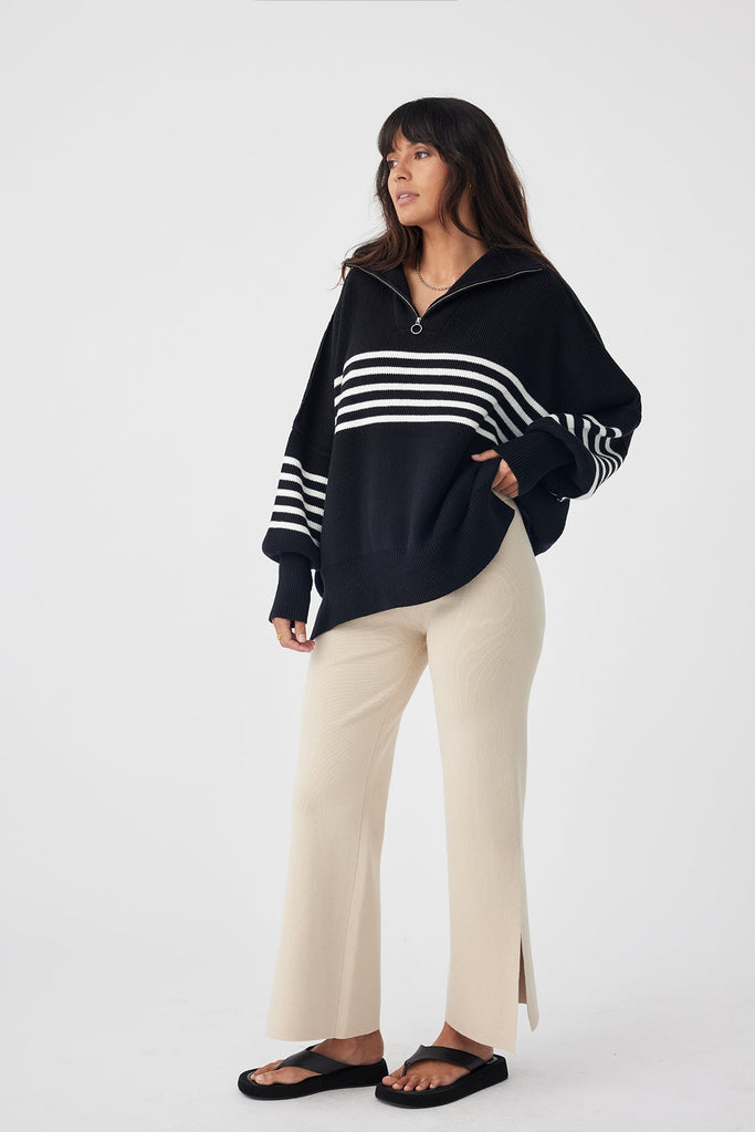 London Zip Stripe Sweater | Black & Cream