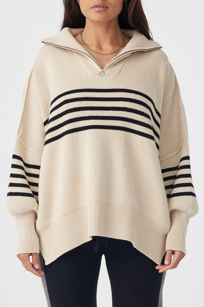 London Zip Stripe Sweater | Sand & Black