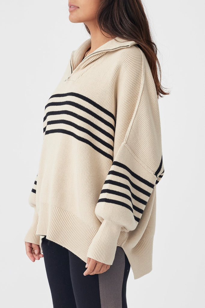 London Zip Stripe Sweater | Sand & Black