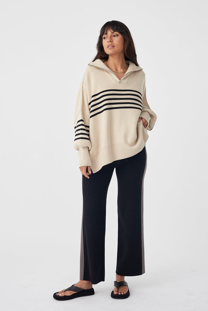 London Zip Stripe Sweater | Sand & Black