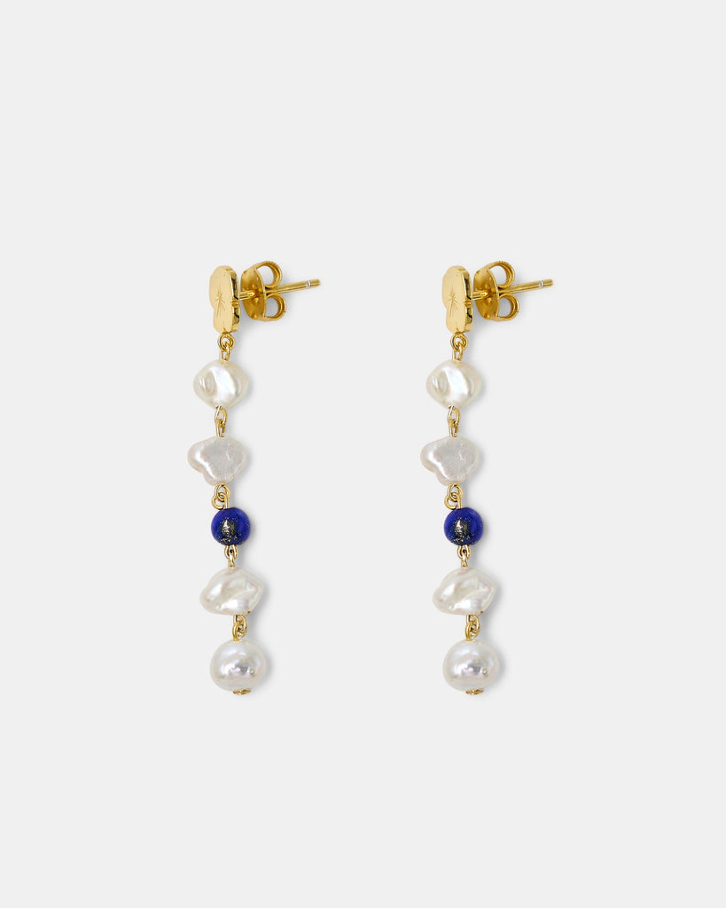 Marie Pearl Drop Earrings | Gold Lapis