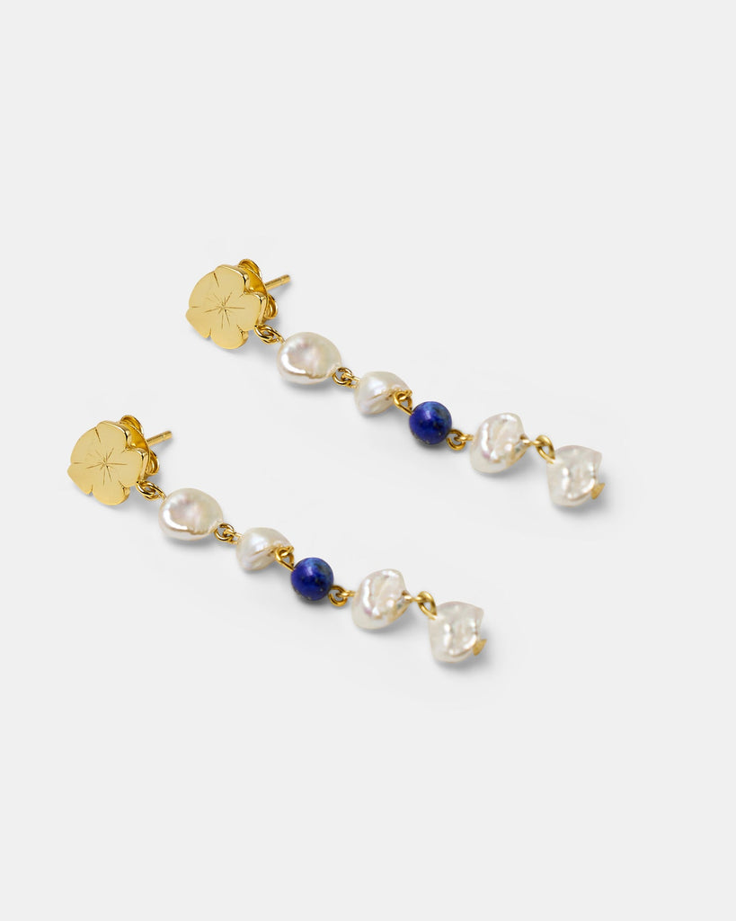 Marie Pearl Drop Earrings | Gold Lapis