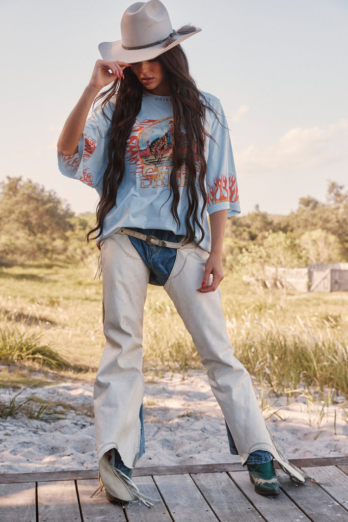 SABBI THE FLAMING COWBOY TEE | SKY BLUE  (PRE ORDER)