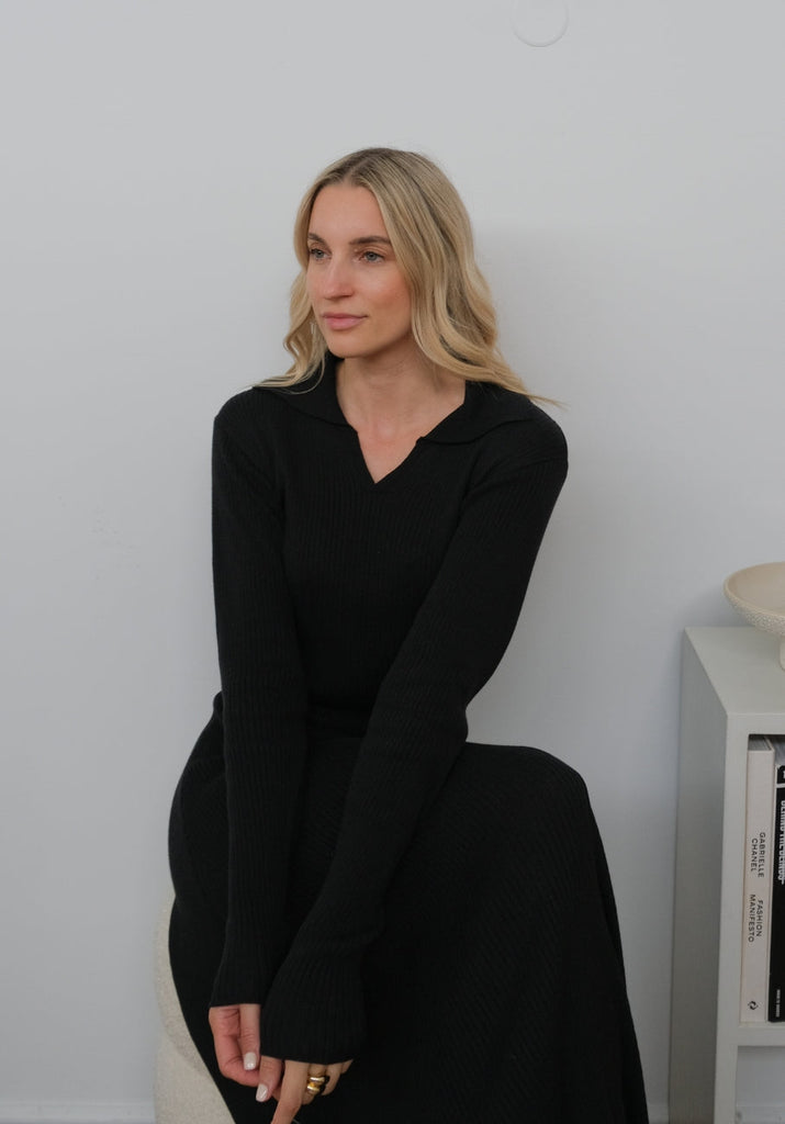 Caitlin Long Sleeve Polo Maxi Dress - Black