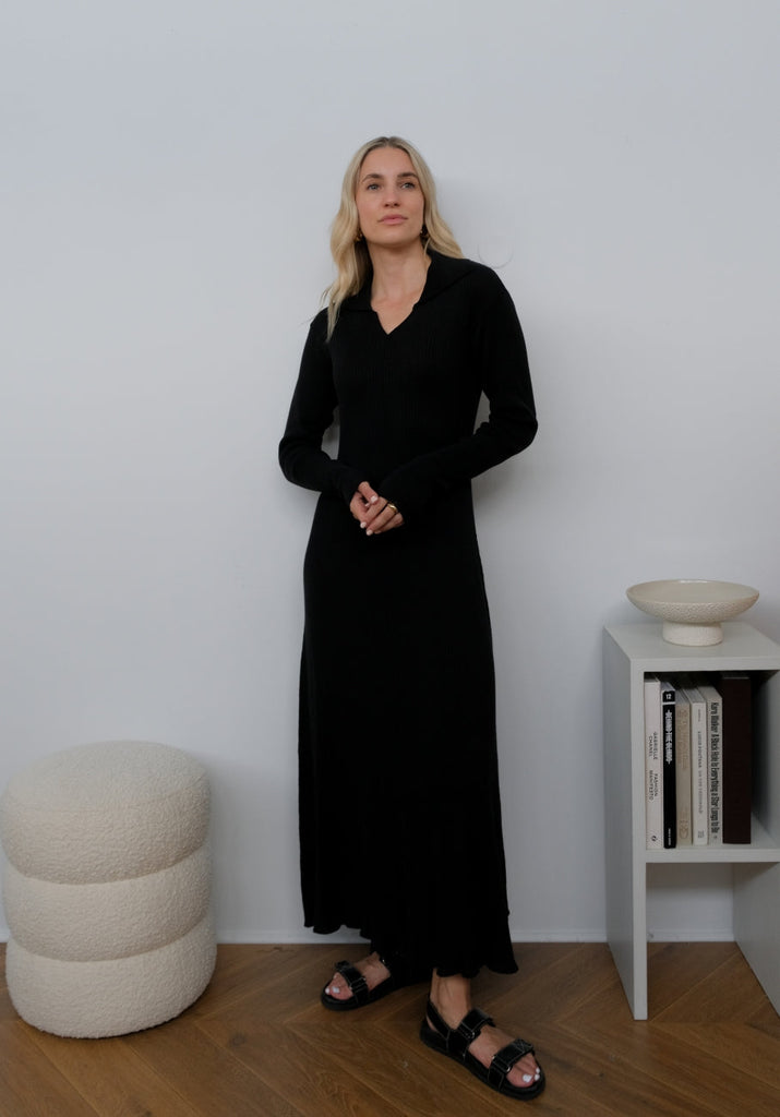 Caitlin Long Sleeve Polo Maxi Dress - Black
