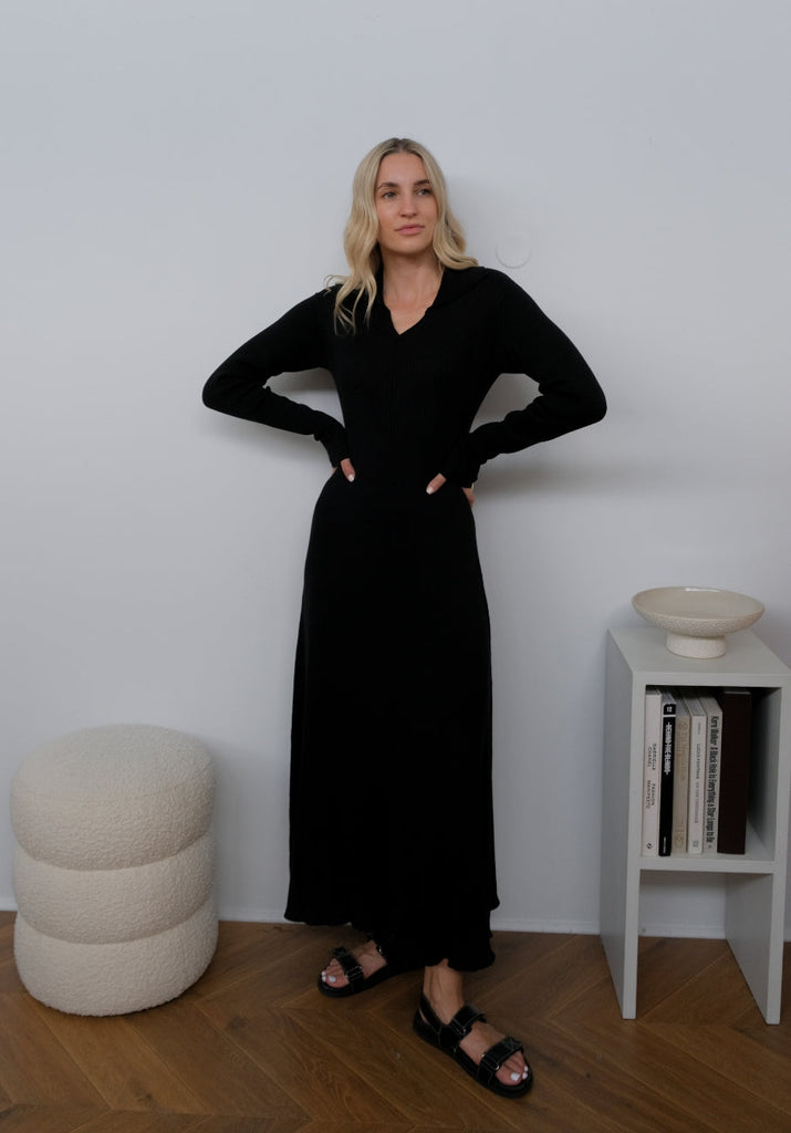 Caitlin Long Sleeve Polo Maxi Dress - Black