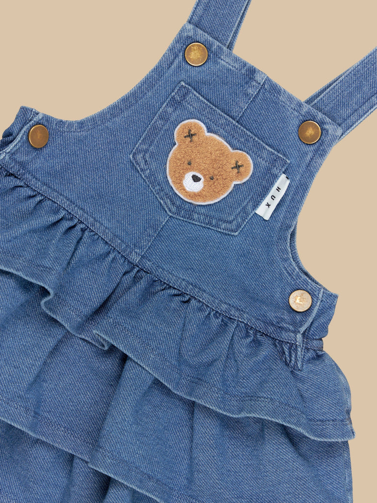 HUXBEAR KNIT DENIM FRILL OVERALL DRESS