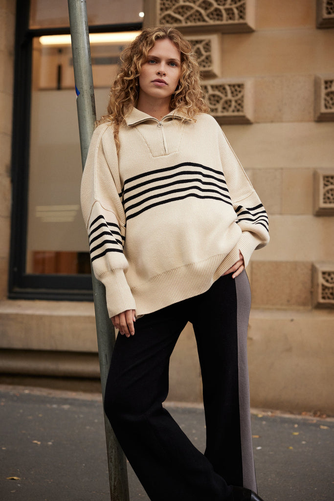 London Zip Stripe Sweater | Sand & Black