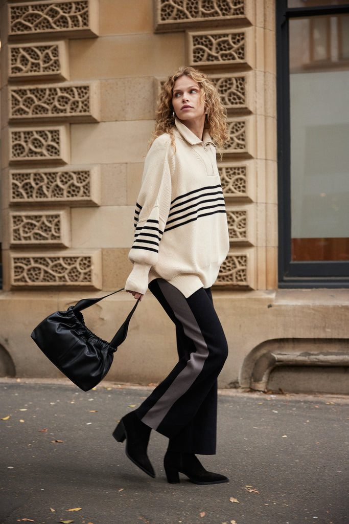 London Zip Stripe Sweater | Sand & Black