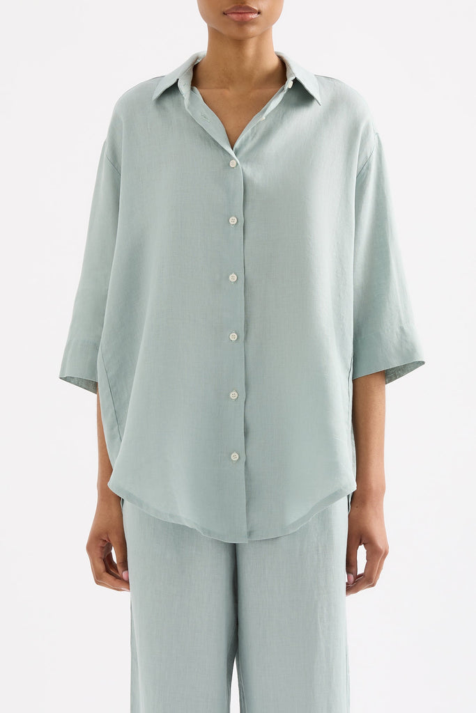 LOUNGE LINEN LONGLINE SHIRT | SEAFOAM