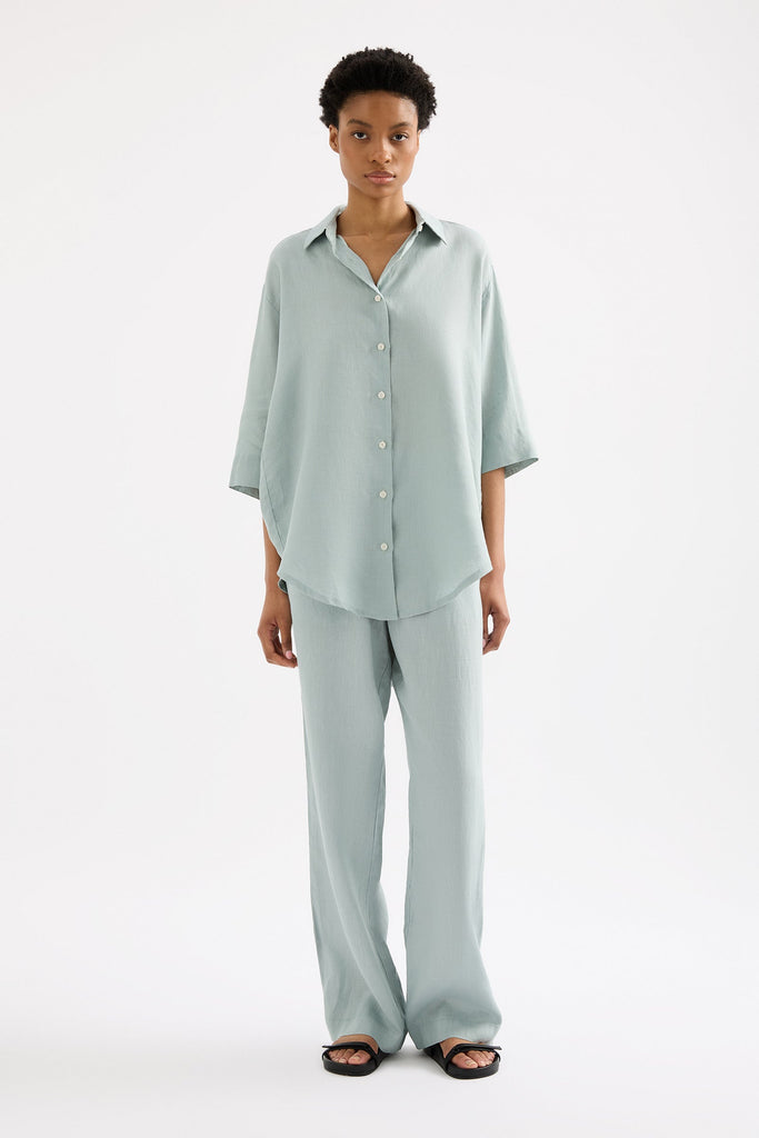 LOUNGE LINEN LONGLINE SHIRT | SEAFOAM