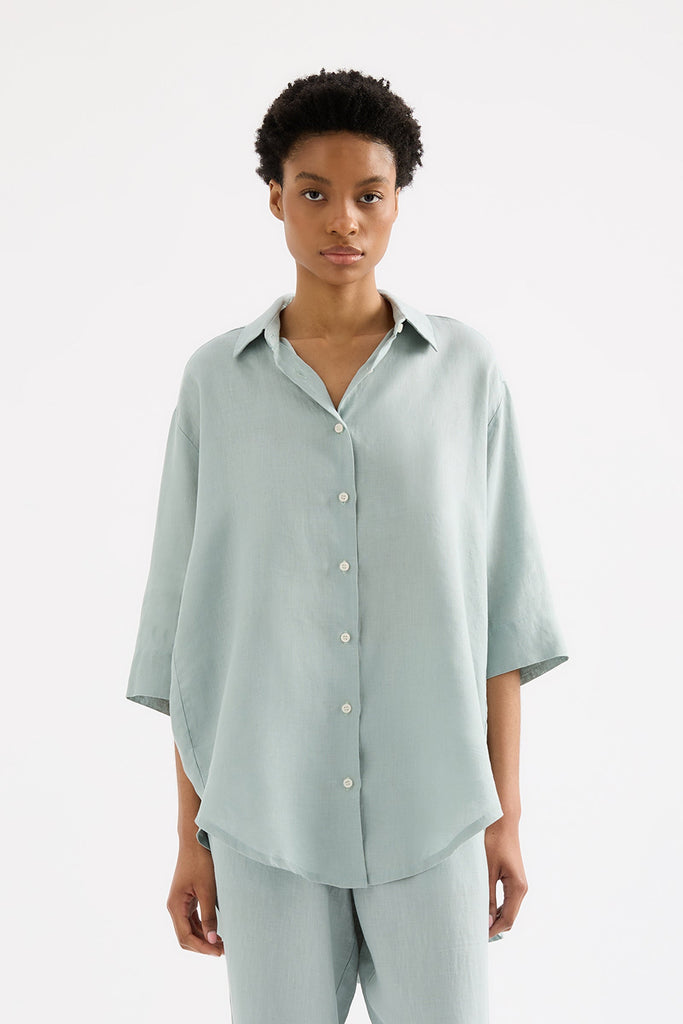 LOUNGE LINEN LONGLINE SHIRT | SEAFOAM