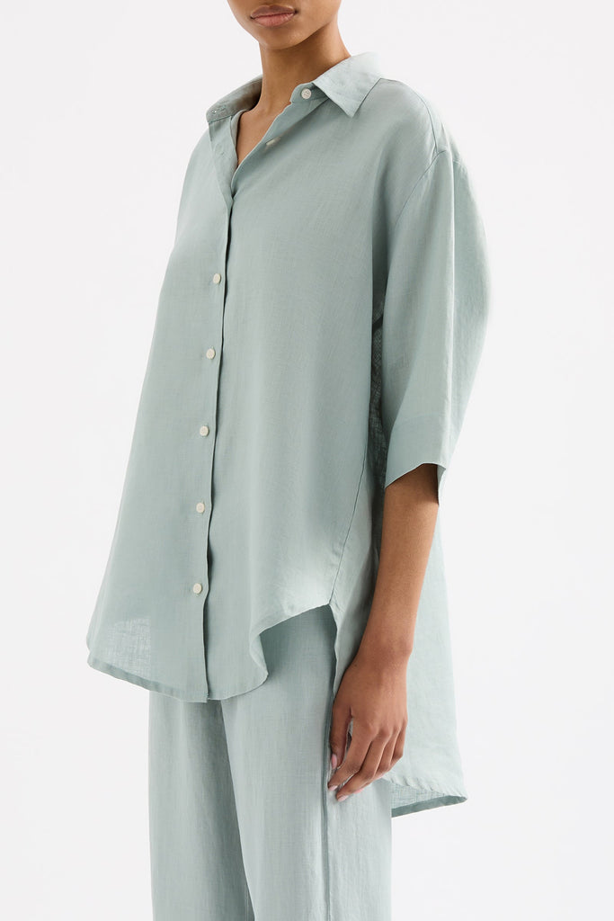 LOUNGE LINEN LONGLINE SHIRT | SEAFOAM