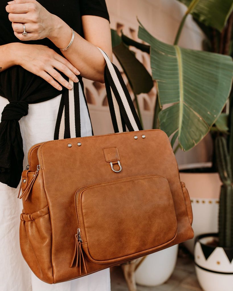 Faux Leather Tote Triple Compartment Nappy Bag | Tan